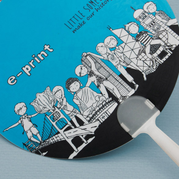 The paper promotional fan is made of gloss coated paper and illustrations of famous Hong Kong landmarks