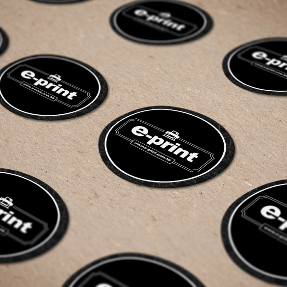 Black and white stickers have a non-reflective surface and feature a brand logo, company website, and promotional slogan. 