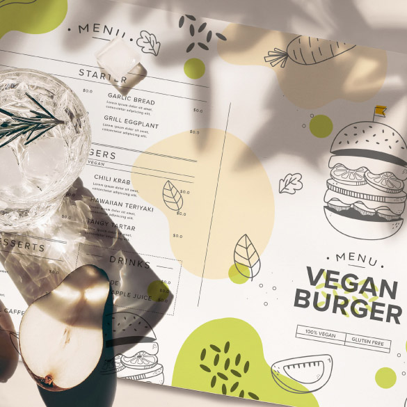 American-style burger table paper features a white background with green vegetable and burger illustrations.