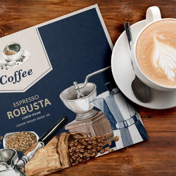table paper with a dark blue background printed with coffee illustrations, brand logo, and promotional slogans. 