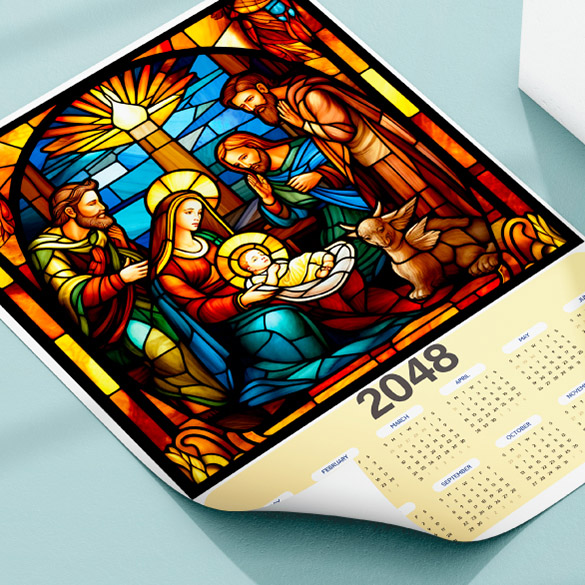 Religious calendar featuring the Nativity in a poster calendar format.