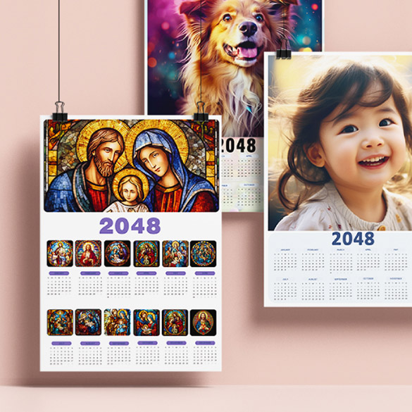 A 12-month calendar with different sized pictures of pets, children or religions.